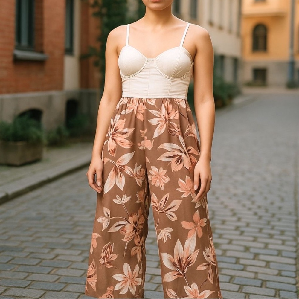 Land of the Free Overalls Womens S Floral Jumpsuit Wide Leg Summer Beach Boho